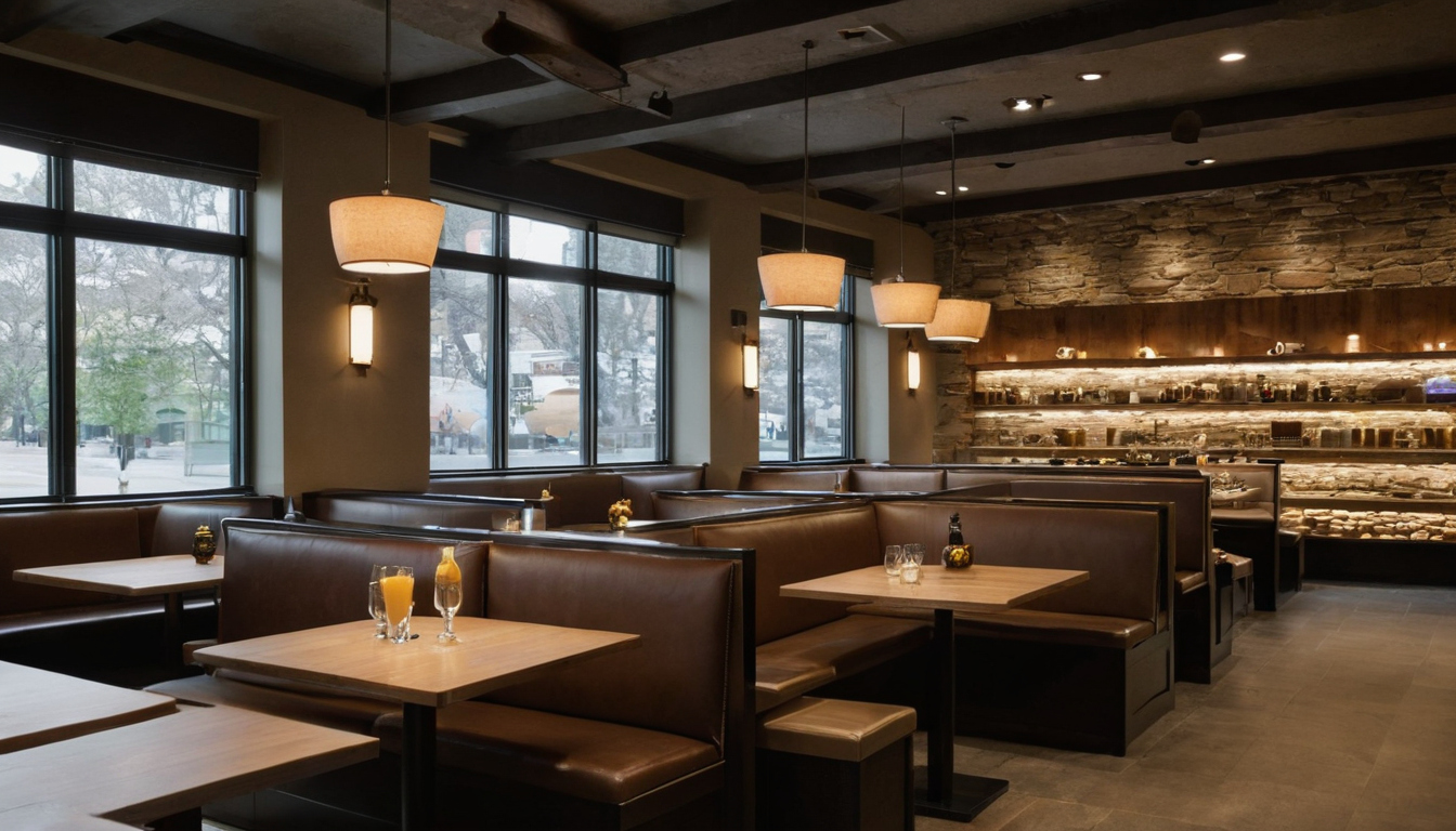 Luxury interior image showing Inexpensive cafe interior lighting must make menus, pastry, and faces easy to read