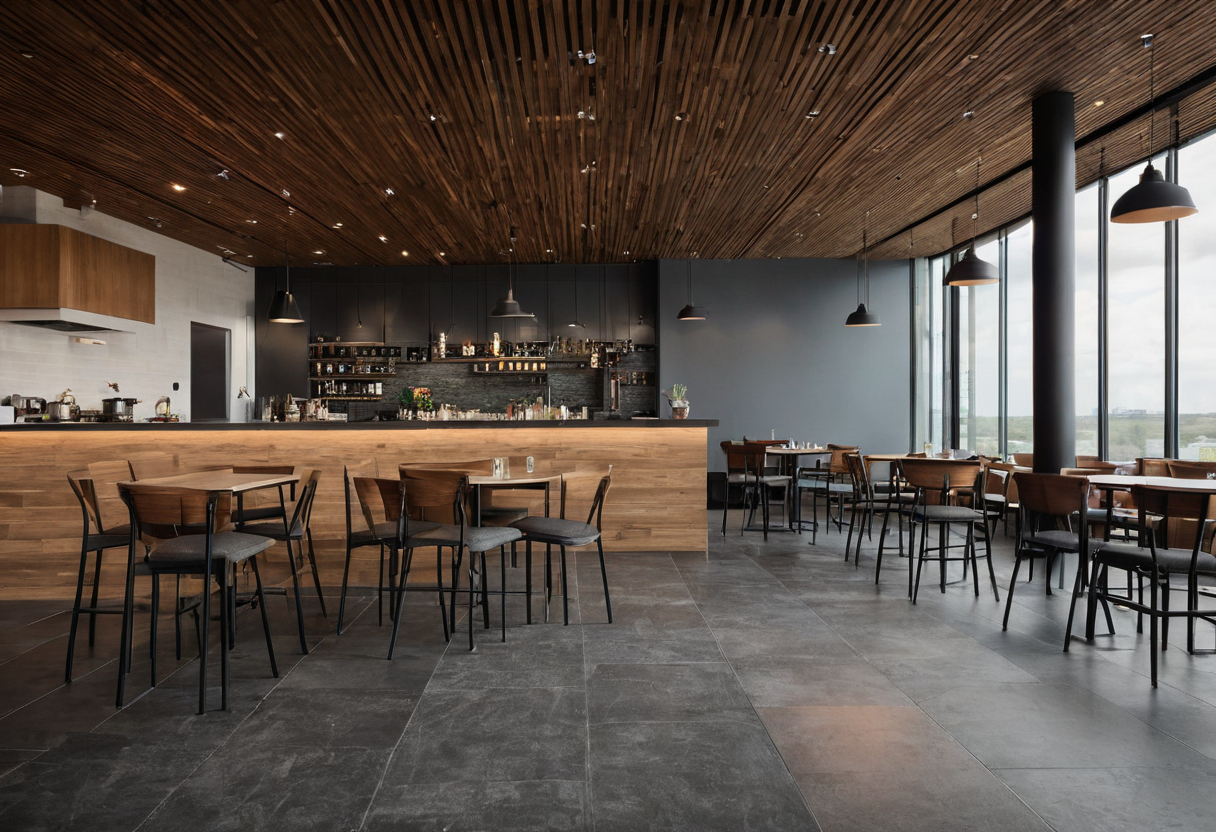 A low-budget cafe interior can control noise with targeted acoustic and maintenance choices shown in a luxury residential interior